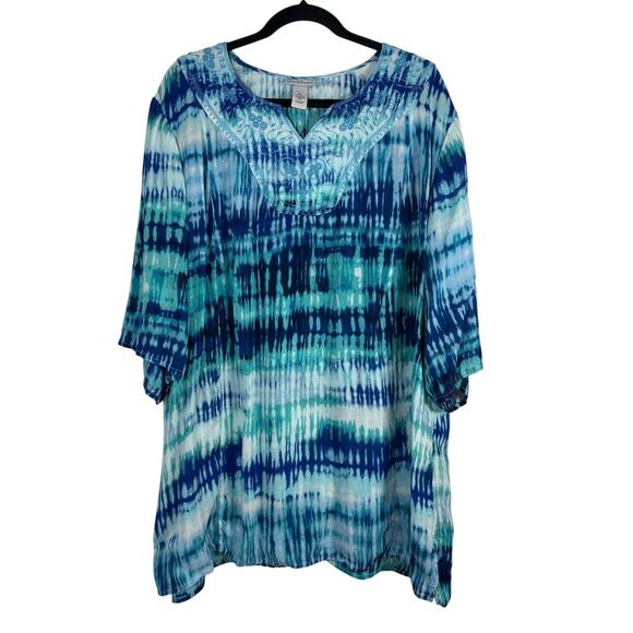 Liz & Me for Catherines Tops - Liz & Me Catherines Blue Tie Dye Boho Embroidered Beaded Tunic Blouse Top 3X